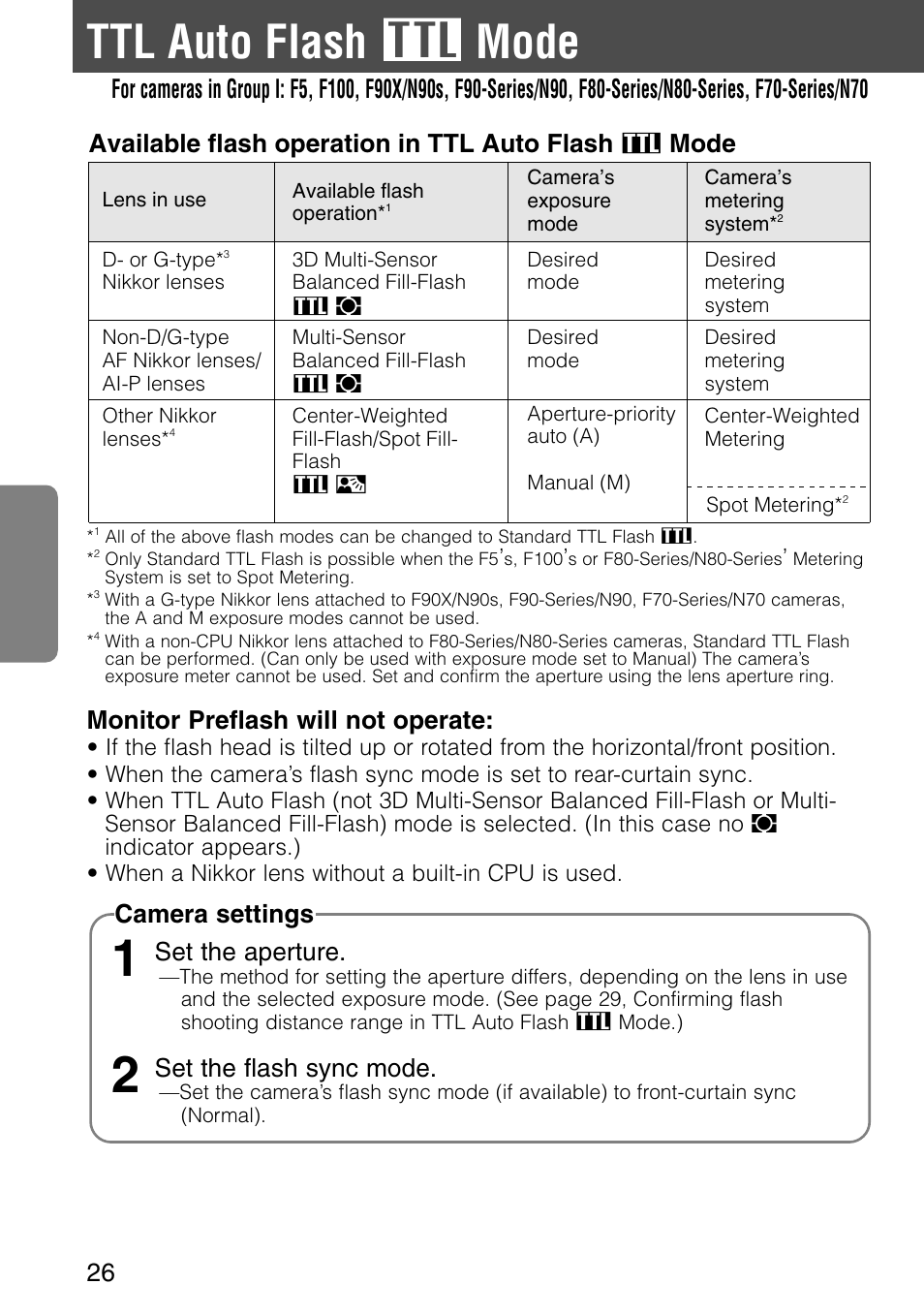 Ttl auto flash t mode, Monitor preflash will not operate, Set the aperture | Set the flash sync mode, Available flash operation in ttl auto flash, Mode | Nikon SB-28 User Manual | Page 26 / 97