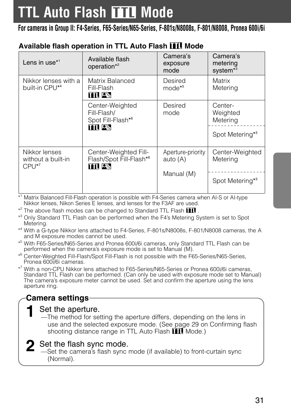 Ttl auto flash, Mode, Set the aperture | Set the flash sync mode | Nikon SB-28 User Manual | Page 31 / 97