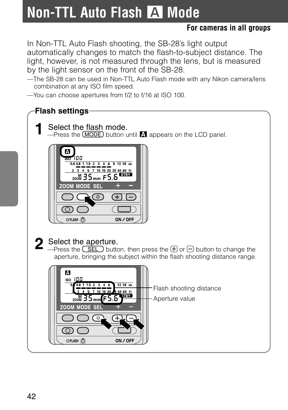 Non-ttl auto flash, Mode | Nikon SB-28 User Manual | Page 42 / 97