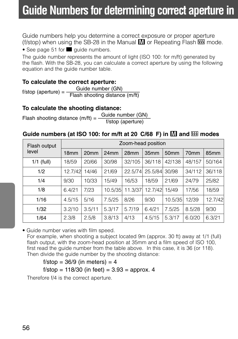 Guide numbers for determining correct aperture in | Nikon SB-28 User Manual | Page 56 / 97