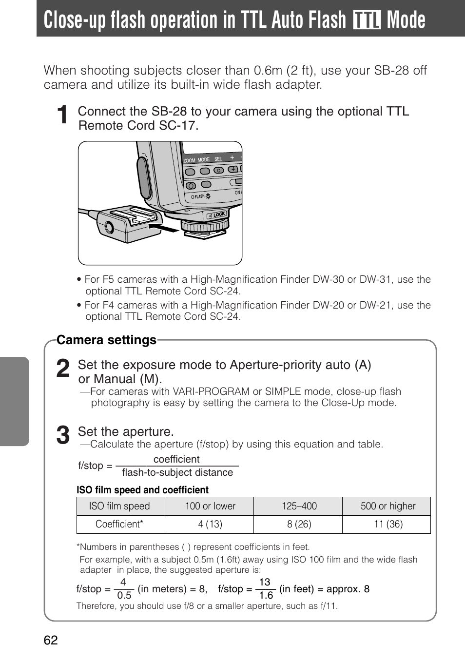 Close-up flash operation in ttl auto flash, Mode | Nikon SB-28 User Manual | Page 62 / 97