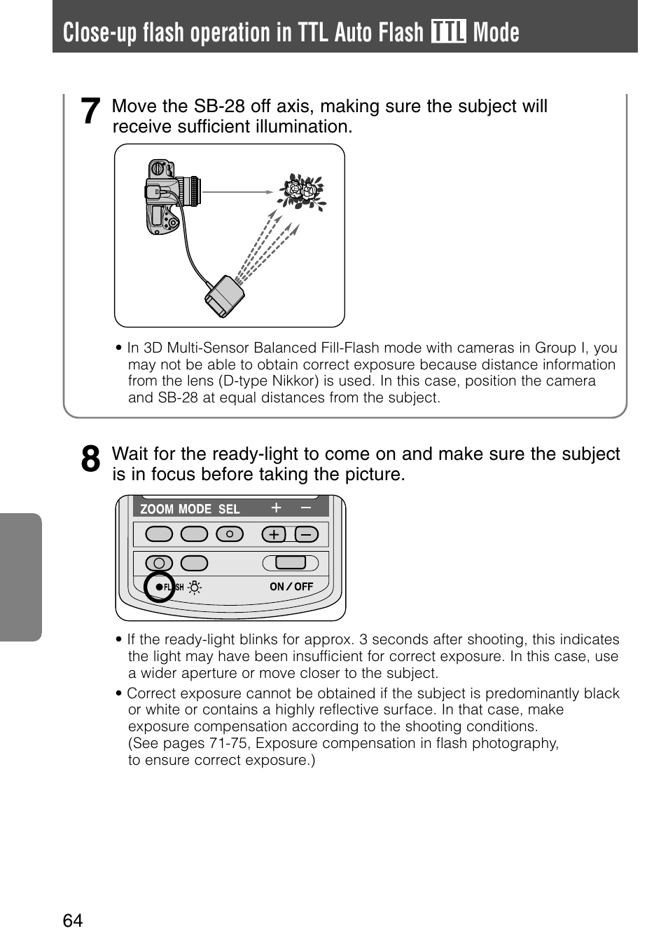 Close-up flash operation in ttl auto flash t mode | Nikon SB-28 User Manual | Page 64 / 97