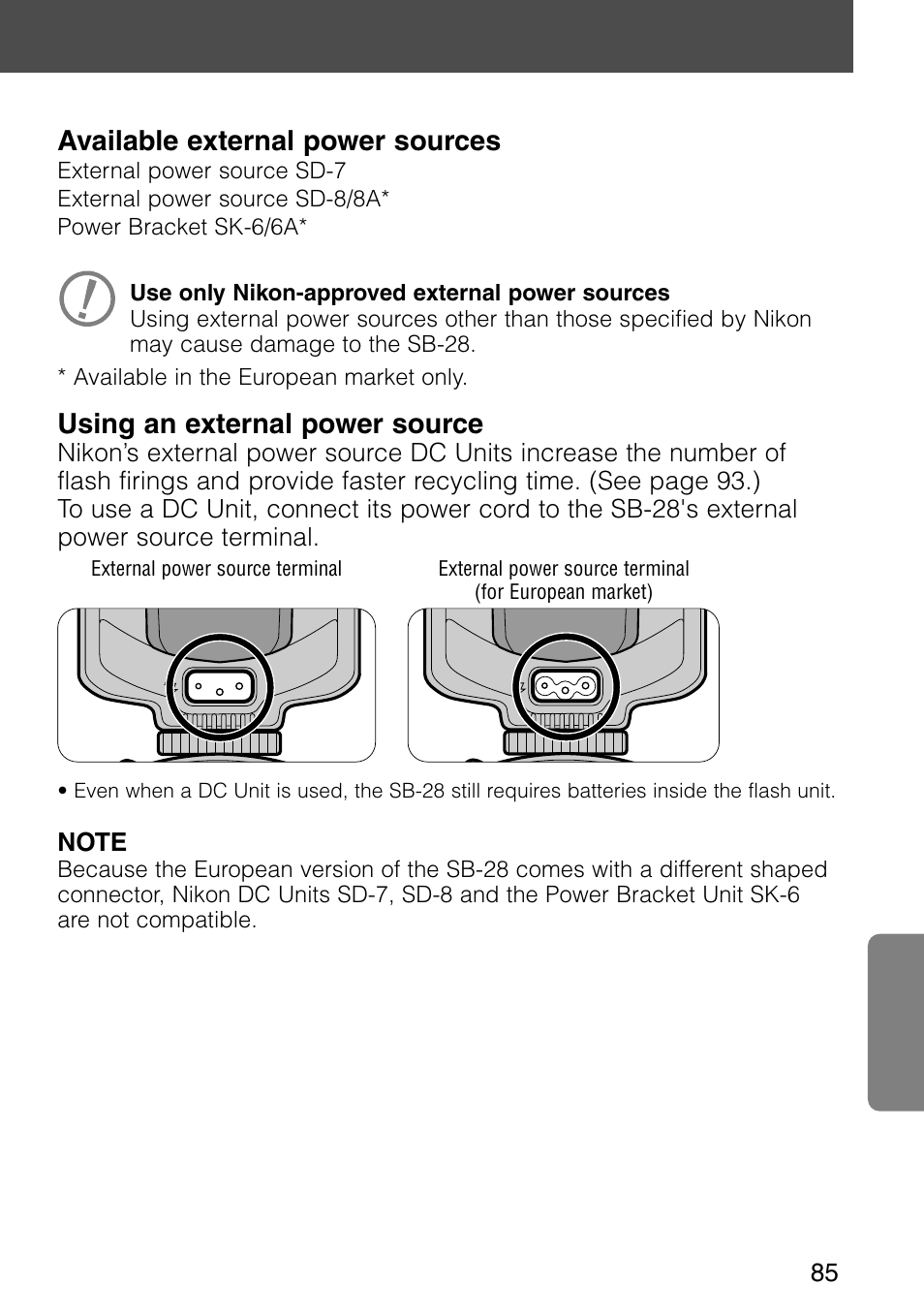 Available external power sources, Using an external power source | Nikon SB-28 User Manual | Page 85 / 97