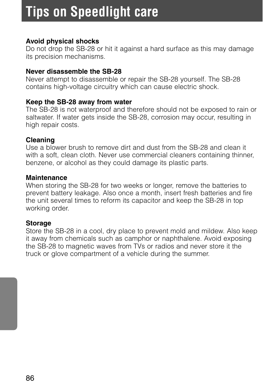 Tips on speedlight care | Nikon SB-28 User Manual | Page 86 / 97