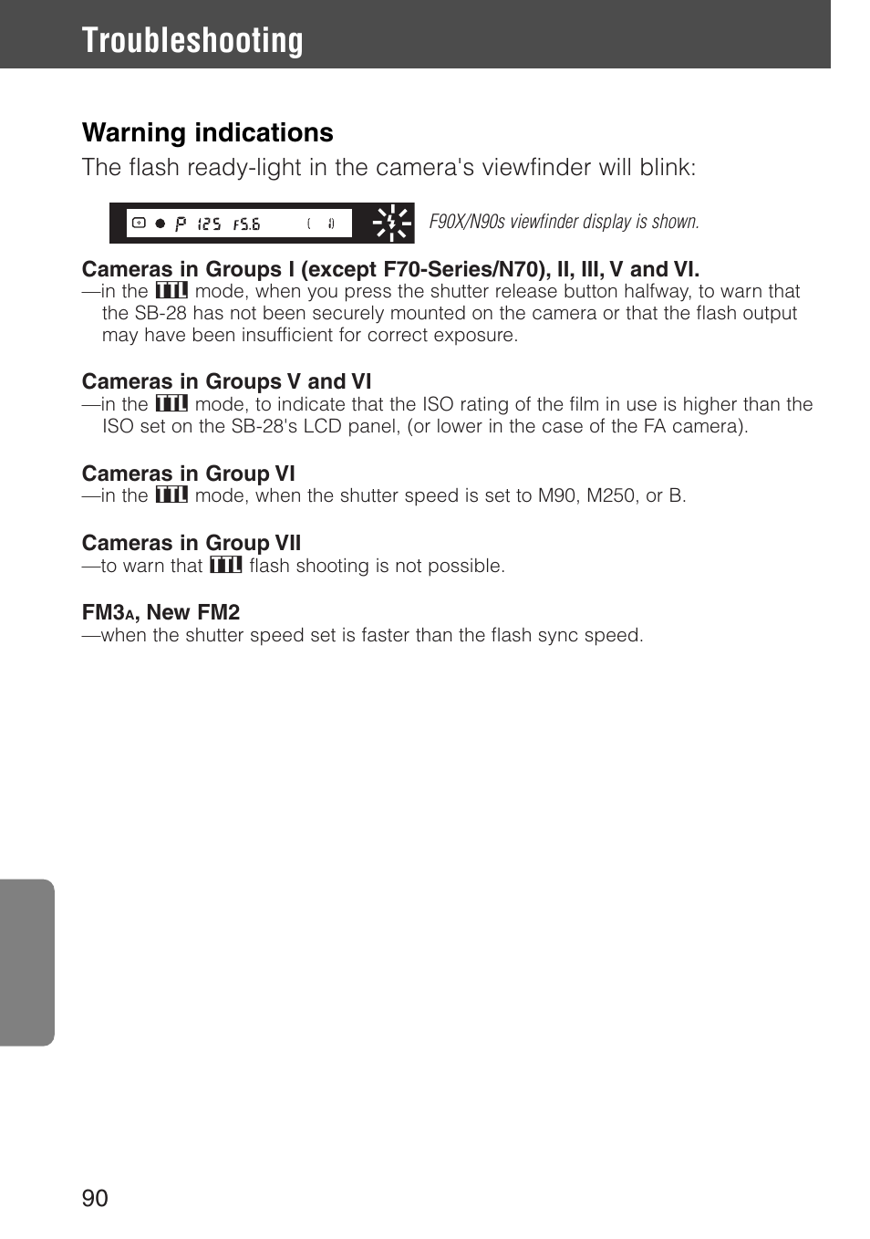 Troubleshooting, Warning indications | Nikon SB-28 User Manual | Page 90 / 97