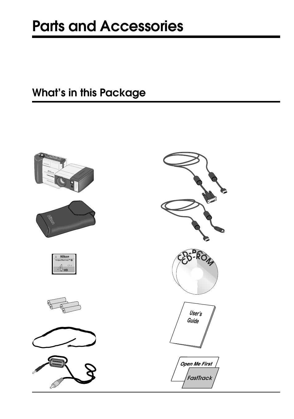 Parts and accessories, What’s in this package | Nikon COOLPIX E900 User Manual | Page 13 / 43