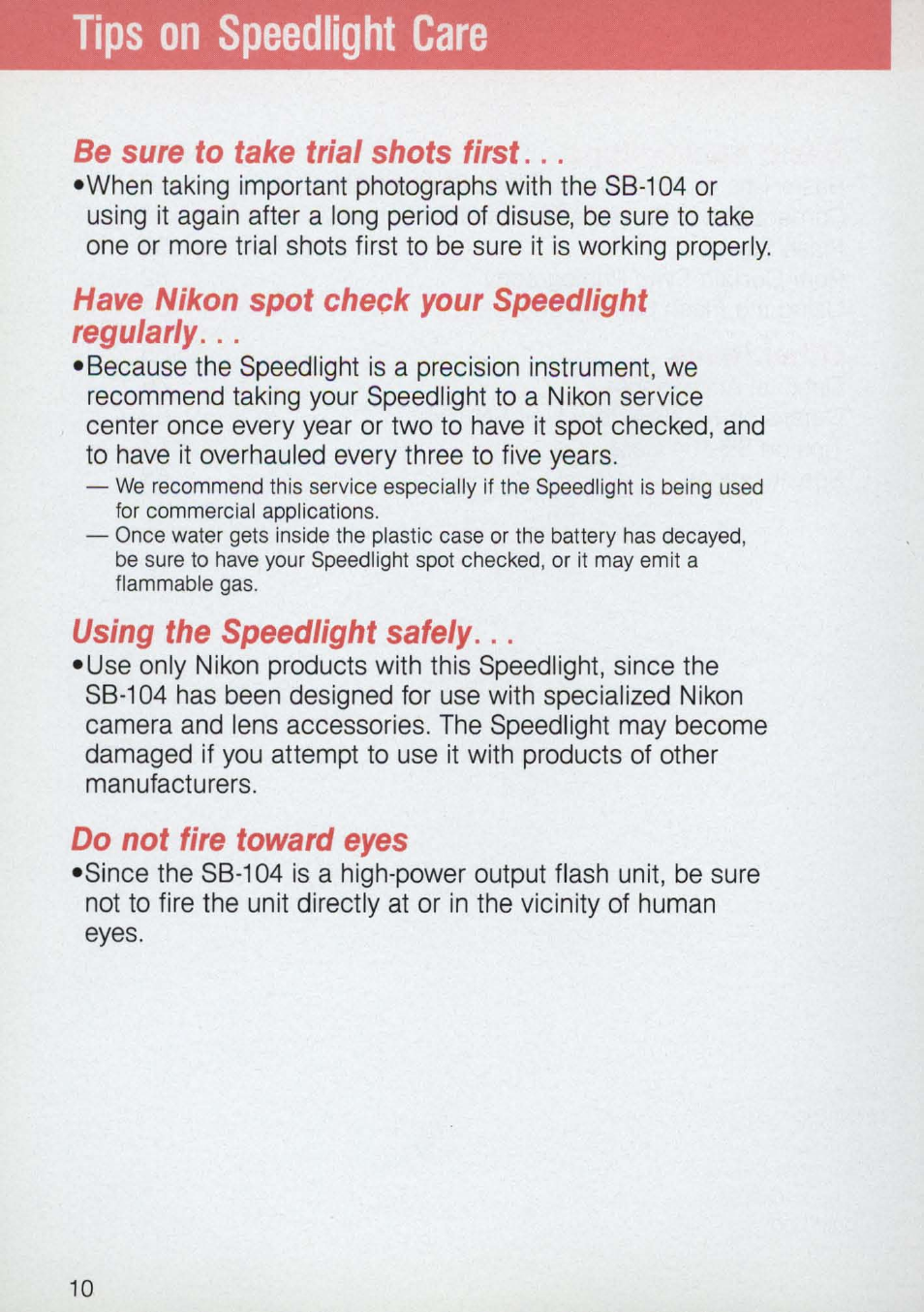 Tips on speedlight care | Nikon 58-104 User Manual | Page 10 / 72