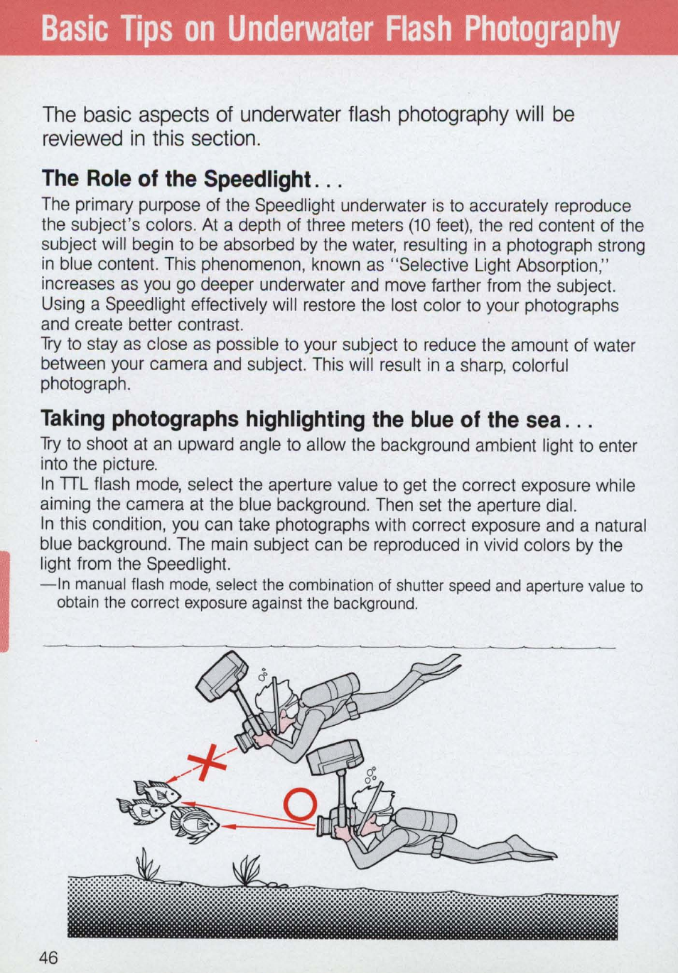 Basic tips on underwater flash photography, The role of the speedlight | Nikon 58-104 User Manual | Page 46 / 72