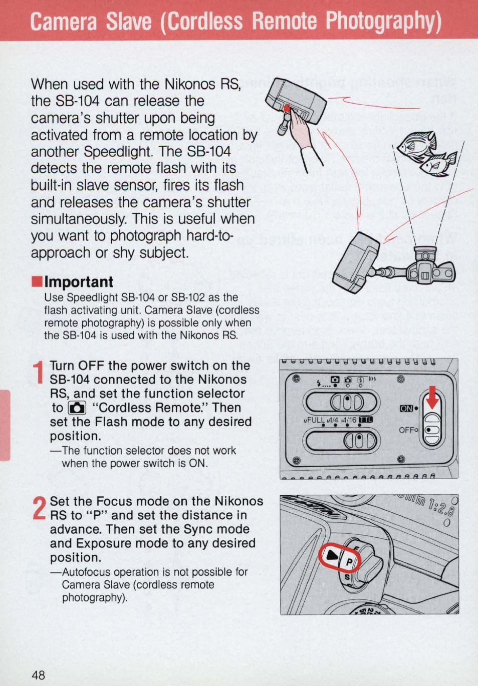 Camera slave (cordless remote photography), Important | Nikon 58-104 User Manual | Page 48 / 72