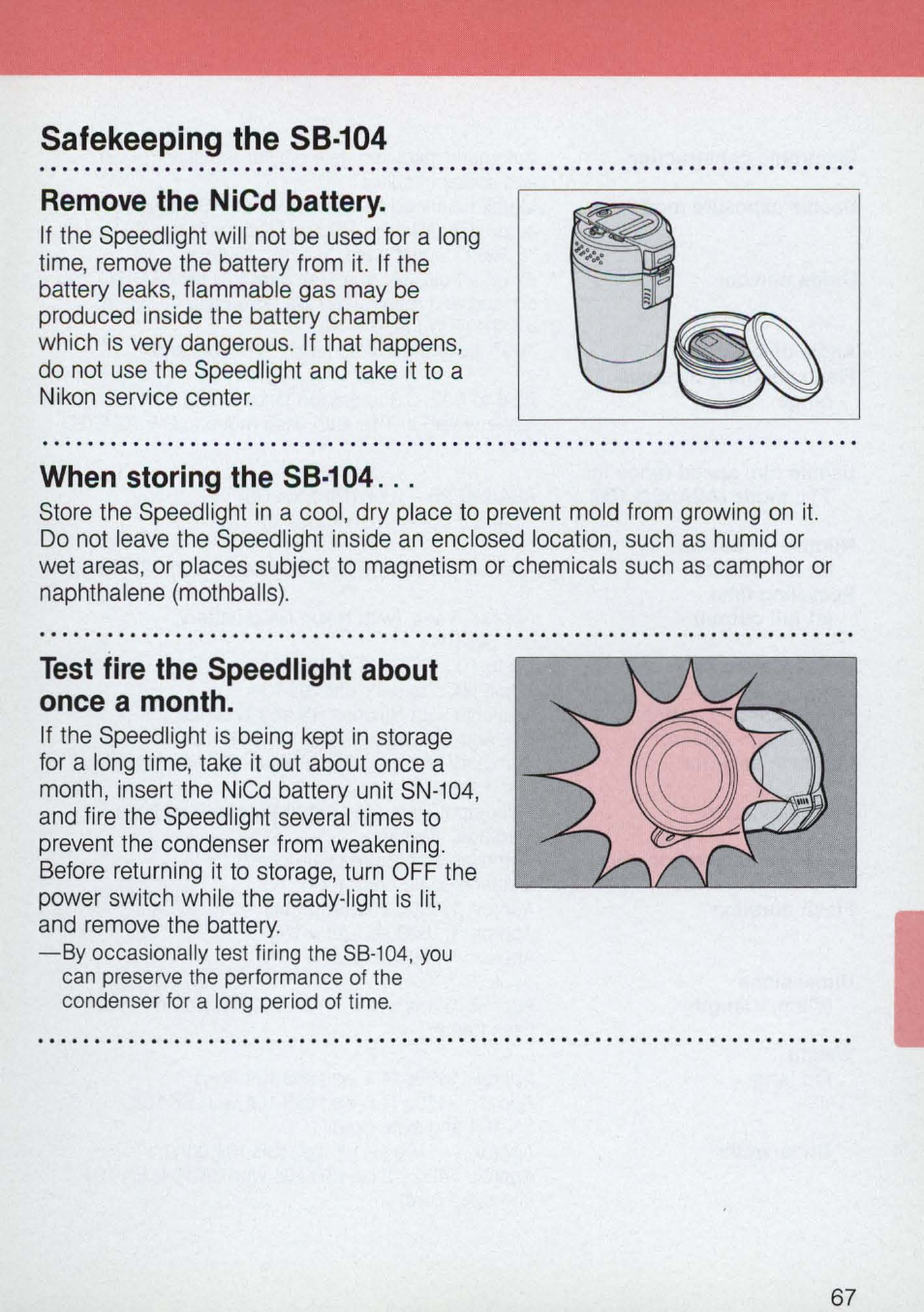 Safekeeping the sb-104, Remove the nicd battery, When storing the sb-104 | Test fire the speedlight about once a month, L4i;i | Nikon 58-104 User Manual | Page 67 / 72