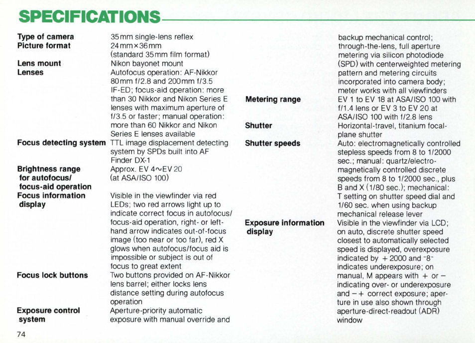 Infrared focusing index | Nikon Camera F3AF User Manual | Page 74 / 128