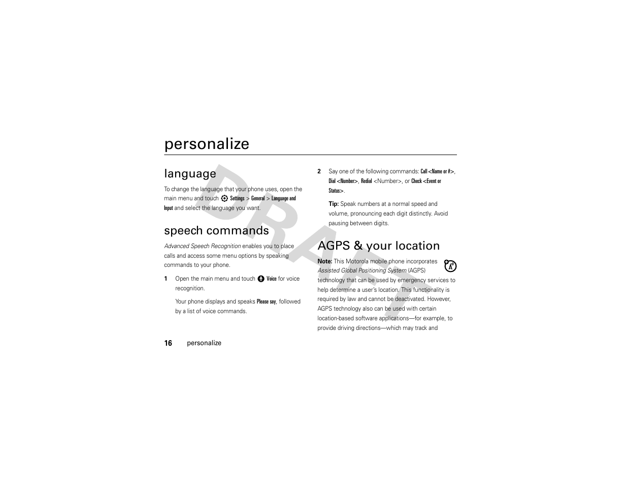 Personalize, Language, Speech commands | Agps & your location | Nikon MOTO QA4 User Manual | Page 18 / 66