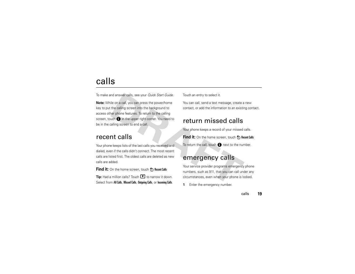 Calls, Recent calls, Return missed calls | Emergency calls | Nikon MOTO QA4 User Manual | Page 21 / 66