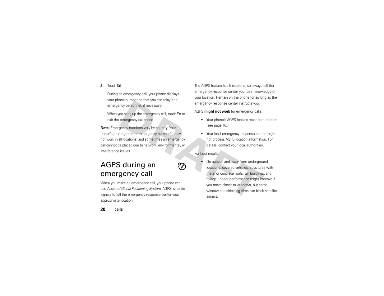Agps during an emergency call, Agps during an emergency, Call | Nikon MOTO QA4 User Manual | Page 22 / 66