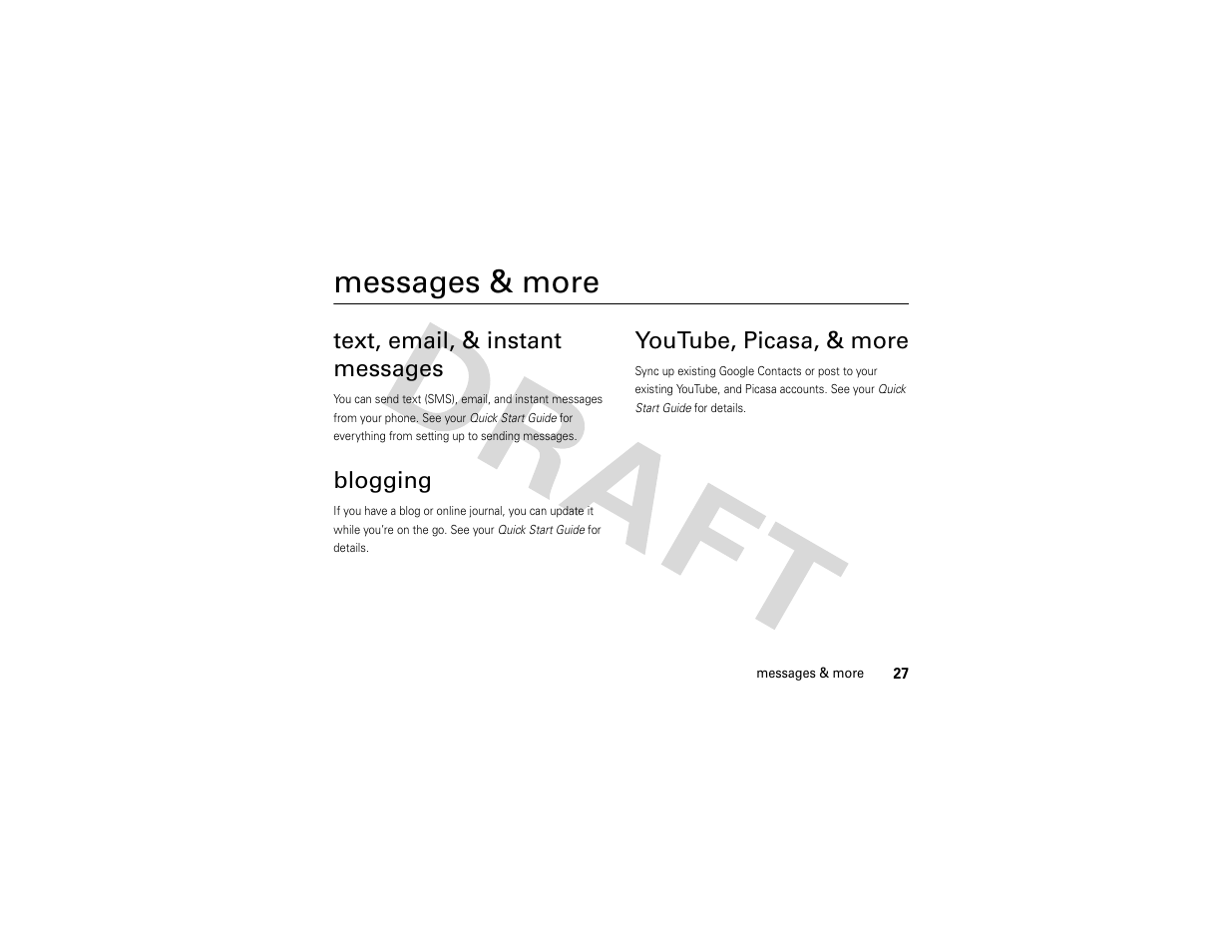 Messages & more, Text, email, & instant messages, Blogging | Youtube, picasa, & more, Text, email, & instant, Messages | Nikon MOTO QA4 User Manual | Page 29 / 66