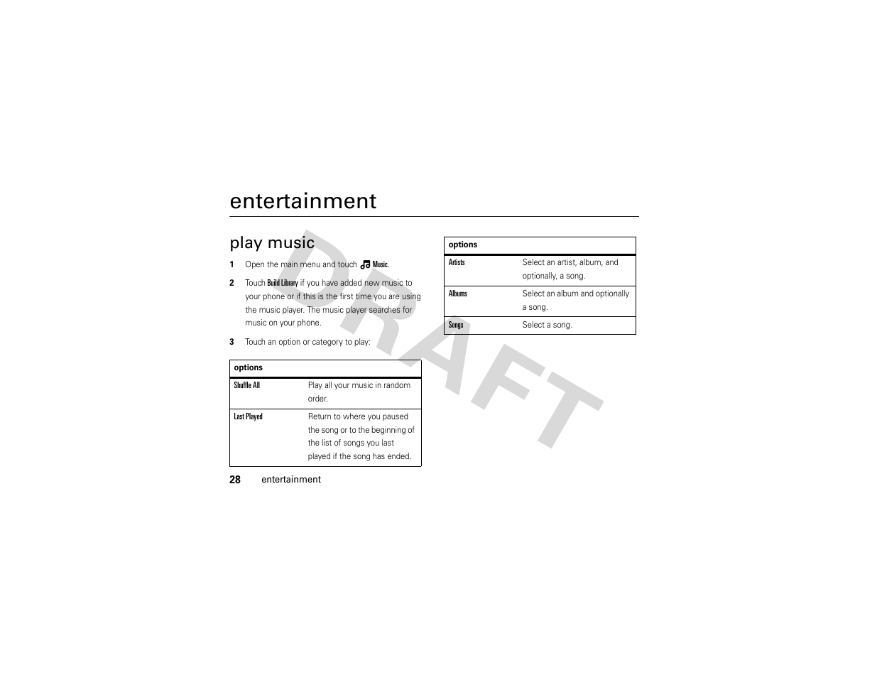 Entertainment, Play music | Nikon MOTO QA4 User Manual | Page 30 / 66