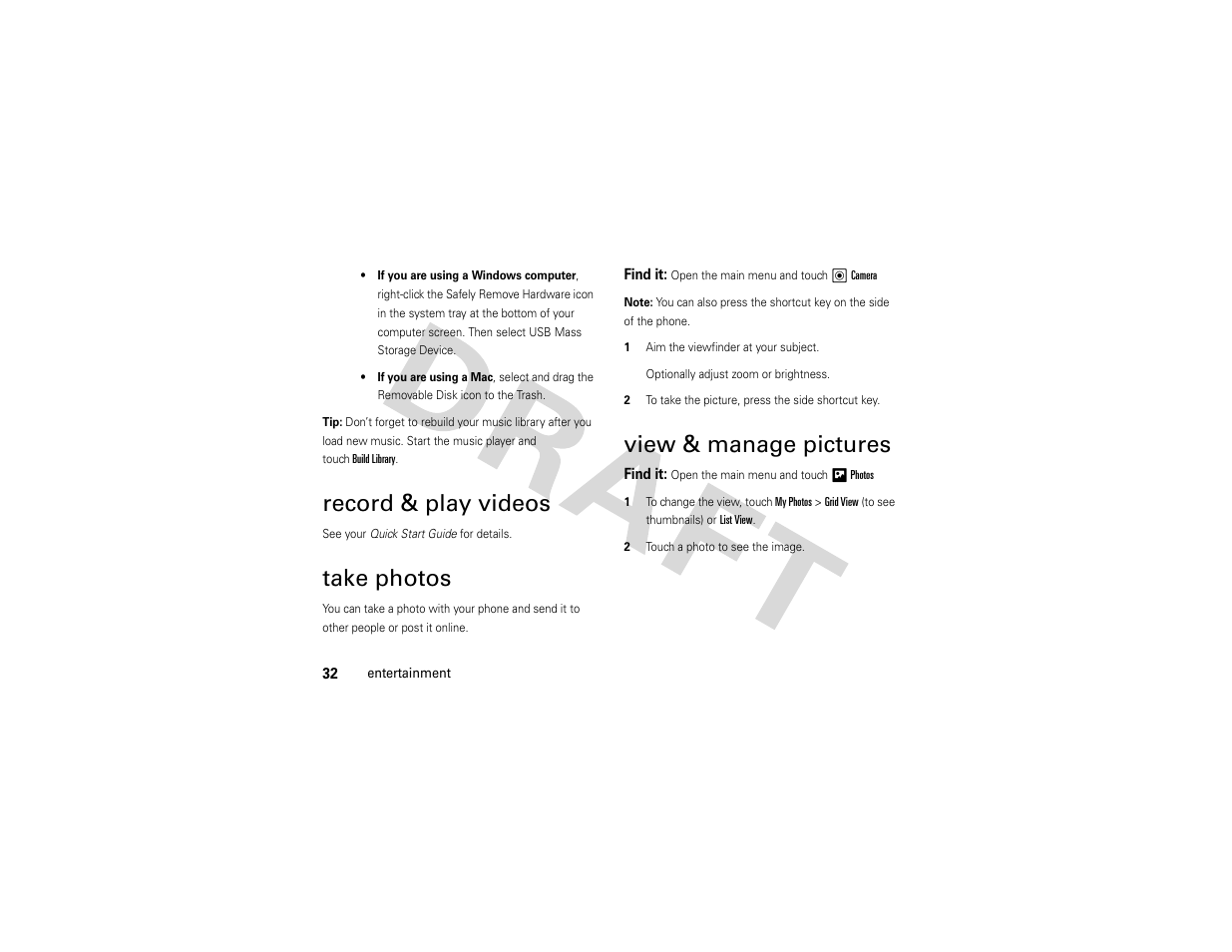 Record & play videos, Take photos, View & manage pictures | Nikon MOTO QA4 User Manual | Page 34 / 66