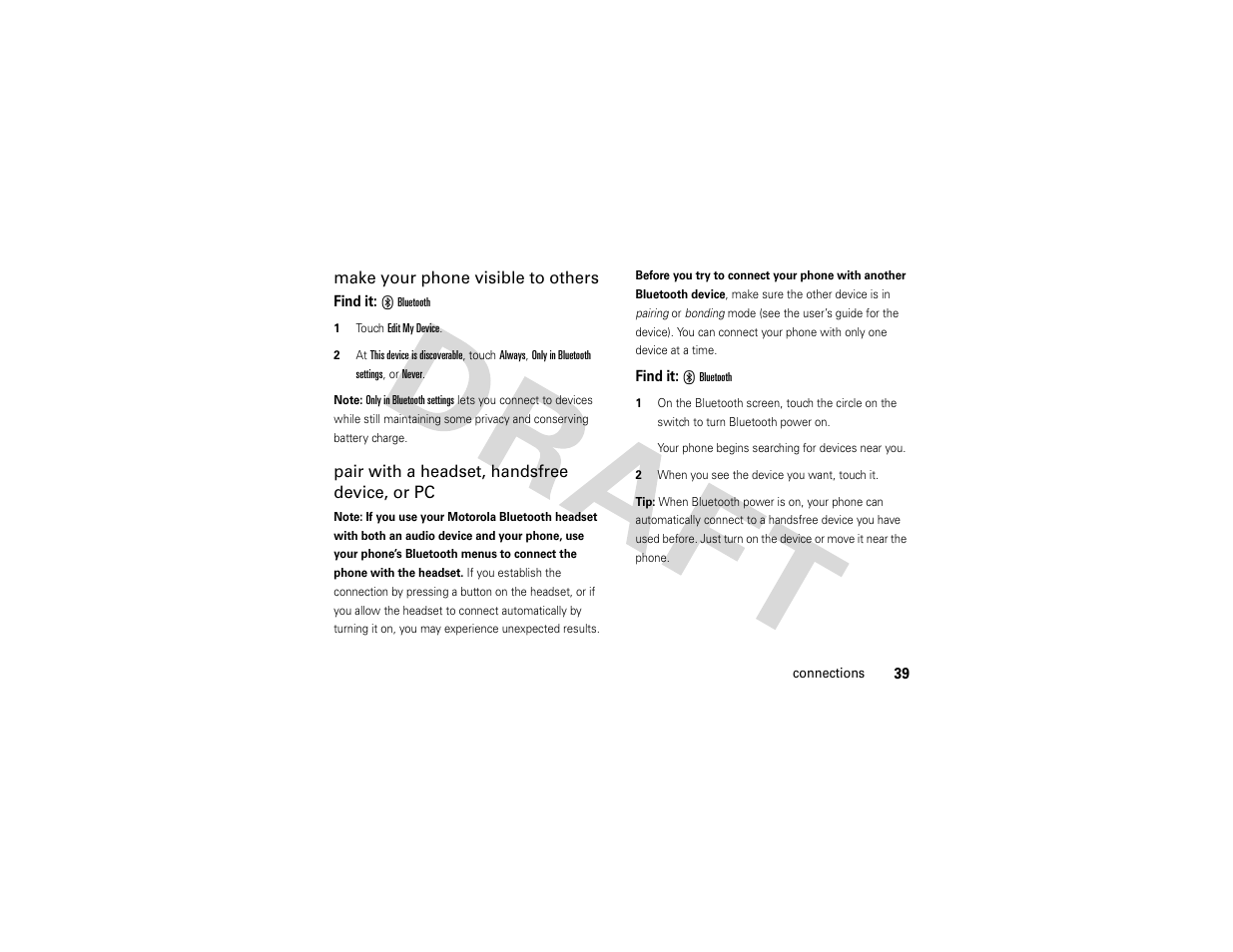 Make your phone visible to others, Pair with a headset, handsfree device, or pc | Nikon MOTO QA4 User Manual | Page 41 / 66