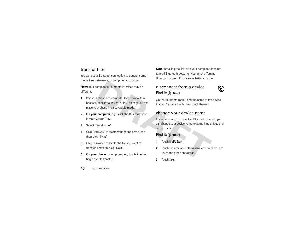 Transfer files, Disconnect from a device, Change your device name | Nikon MOTO QA4 User Manual | Page 42 / 66