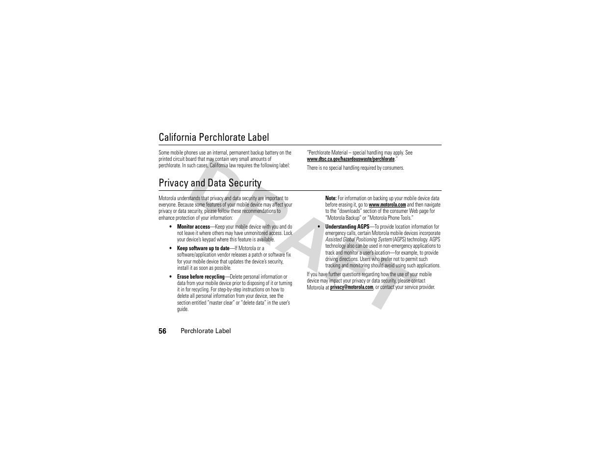 Perchlorate label, Privacy and data security, California perchlorate label | Nikon MOTO QA4 User Manual | Page 58 / 66