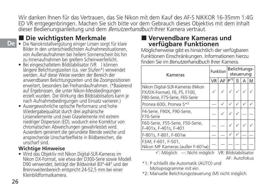 Jp en de fr es se ru nl it cz sk ck ch kr, Verwendbare kameras und verfügbare funktionen, Die wichtigsten merkmale | Nikon AF-S User Manual | Page 26 / 152