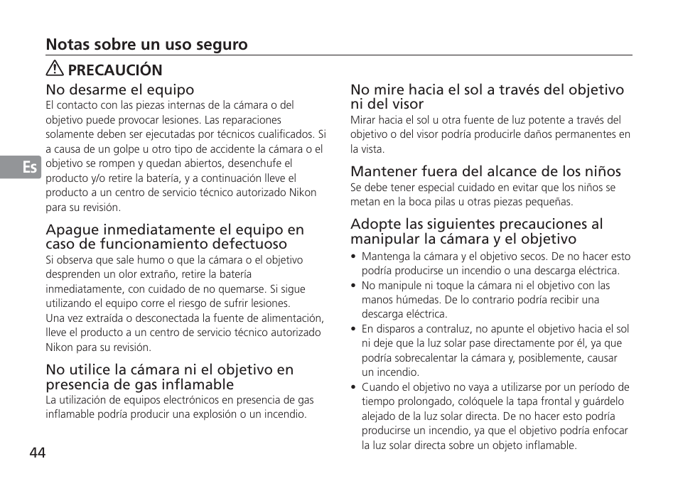 Notas sobre un uso seguro, Precaución | Nikon AF-S User Manual | Page 44 / 152