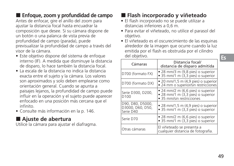 Enfoque, zoom y profundidad de campo, Ajuste de abertura, Flash incorporado y viñeteado | Nikon AF-S User Manual | Page 49 / 152