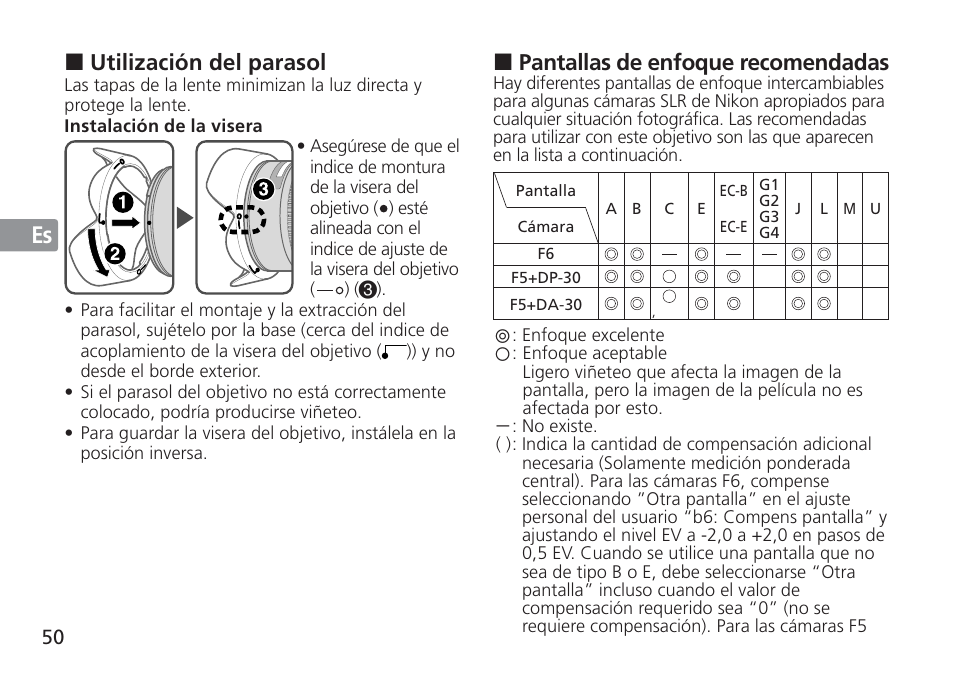 Pantallas de enfoque recomendadas, Utilización del parasol | Nikon AF-S User Manual | Page 50 / 152