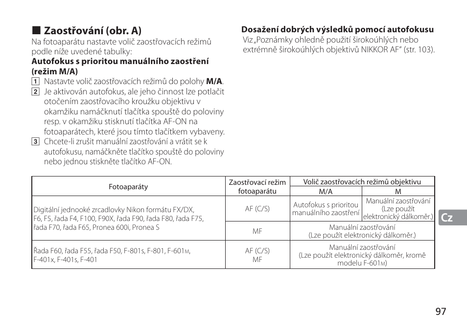 Jp en de fr es se ru nl it cz sk ck ch kr, Zaostřování (obr. a) | Nikon AF-S User Manual | Page 97 / 152
