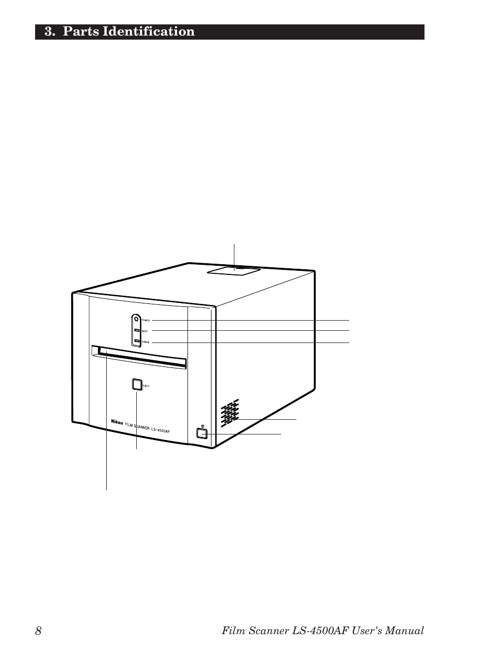 Parts identification, 1 main unit, Front panel | Nikon LS-4500AF User Manual | Page 28 / 74
