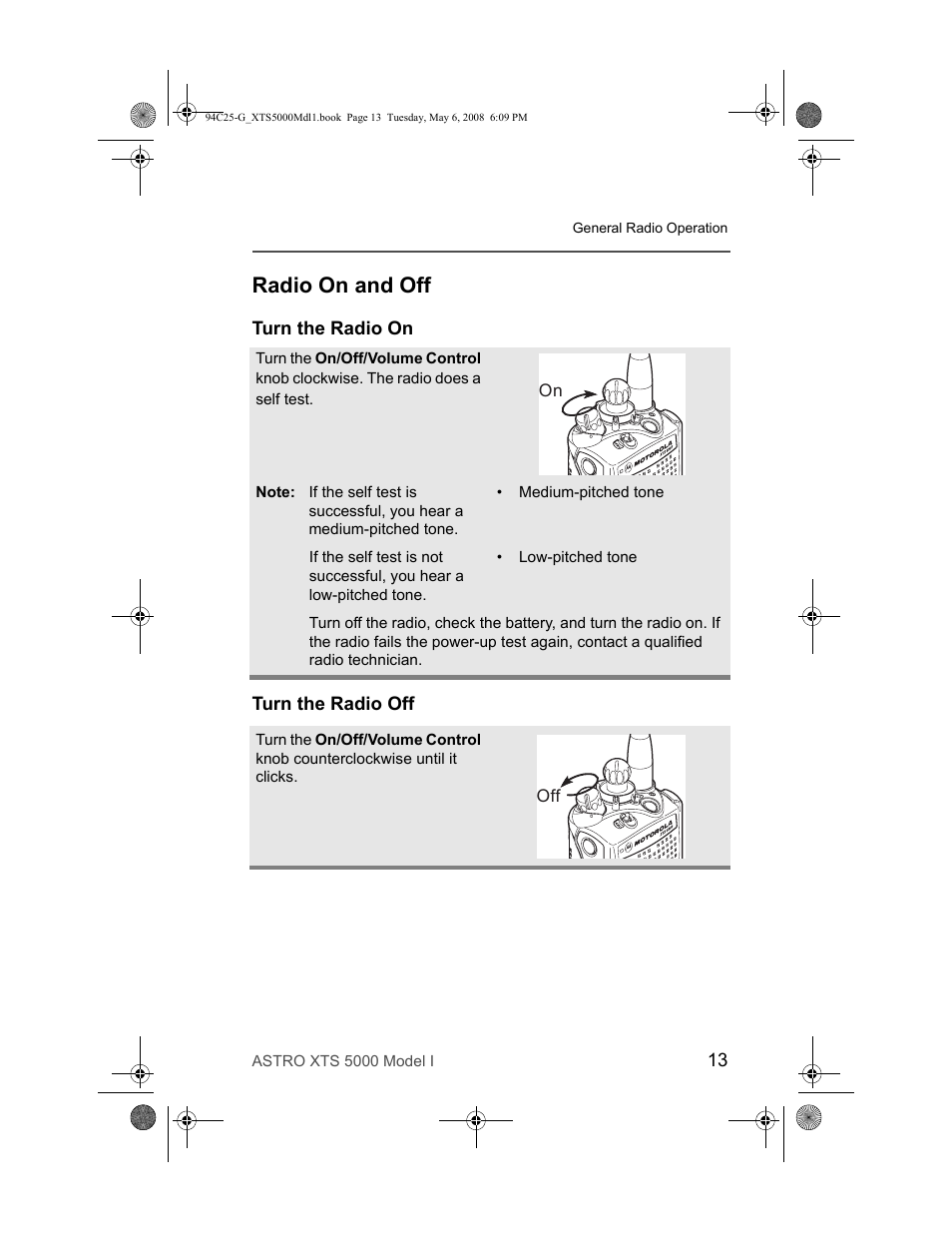 Radio on and off, Turn the radio on, Turn the radio off | Turn the radio on turn the radio off | Nikon XTS 5000 User Manual | Page 23 / 84