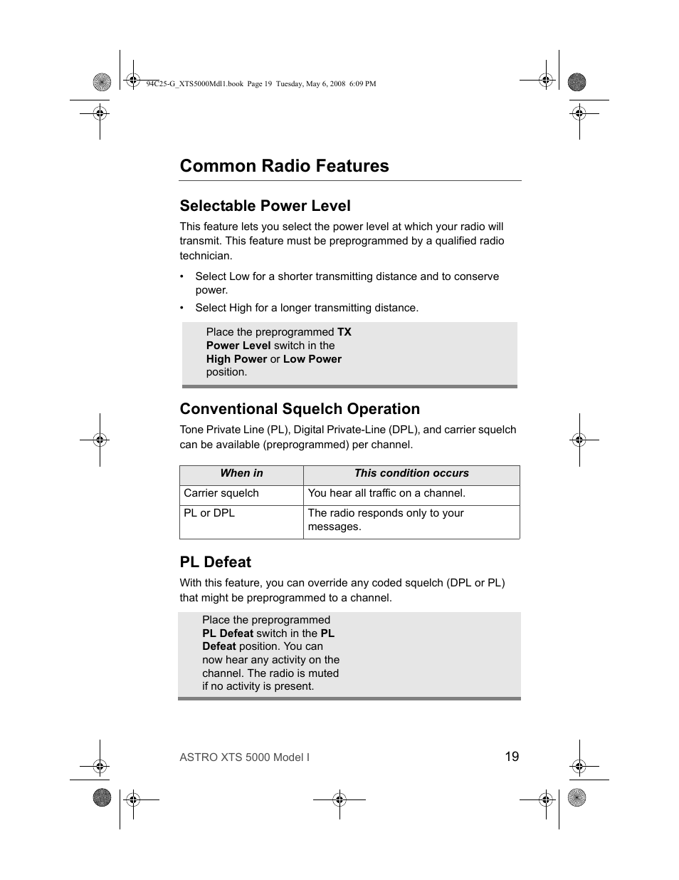 Common radio features, Selectable power level, Conventional squelch operation | Pl defeat | Nikon XTS 5000 User Manual | Page 29 / 84