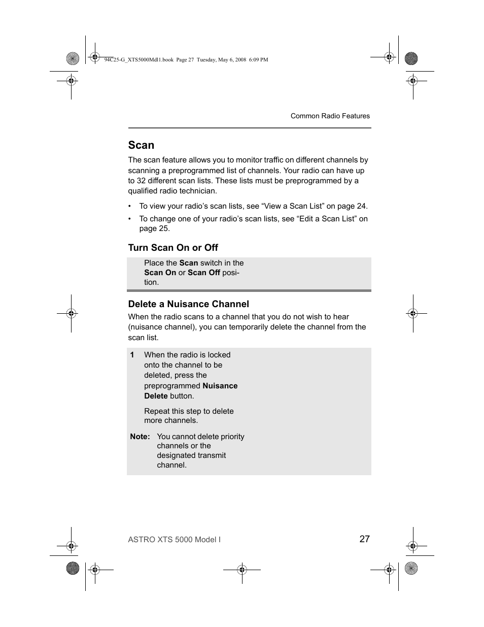 Scan, Turn scan on or off, Delete a nuisance channel | Turn scan on or off delete a nuisance channel | Nikon XTS 5000 User Manual | Page 37 / 84