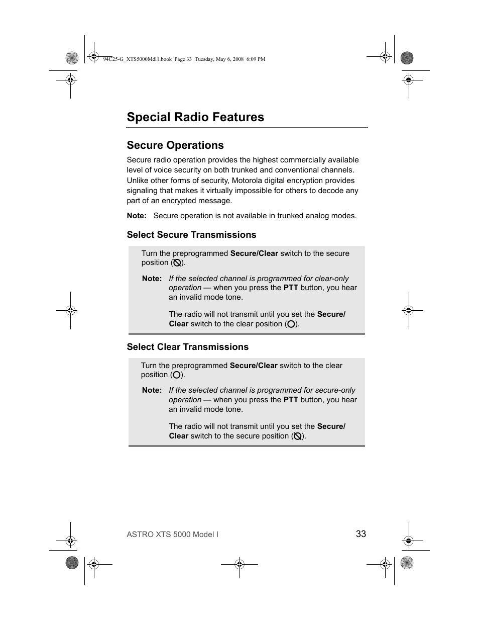 Special radio features, Secure operations, Select secure transmissions | Select clear transmissions | Nikon XTS 5000 User Manual | Page 43 / 84