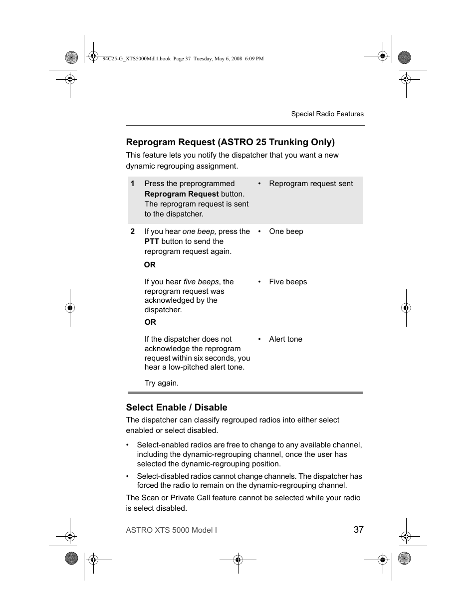 Reprogram request (astro 25 trunking only), Select enable / disable | Nikon XTS 5000 User Manual | Page 47 / 84