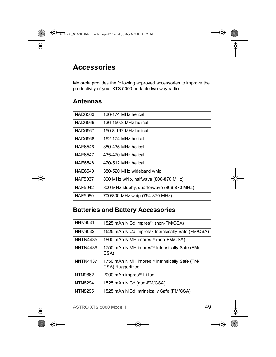 Accessories, Antennas, Batteries and battery accessories | Antennas batteries and battery accessories | Nikon XTS 5000 User Manual | Page 59 / 84