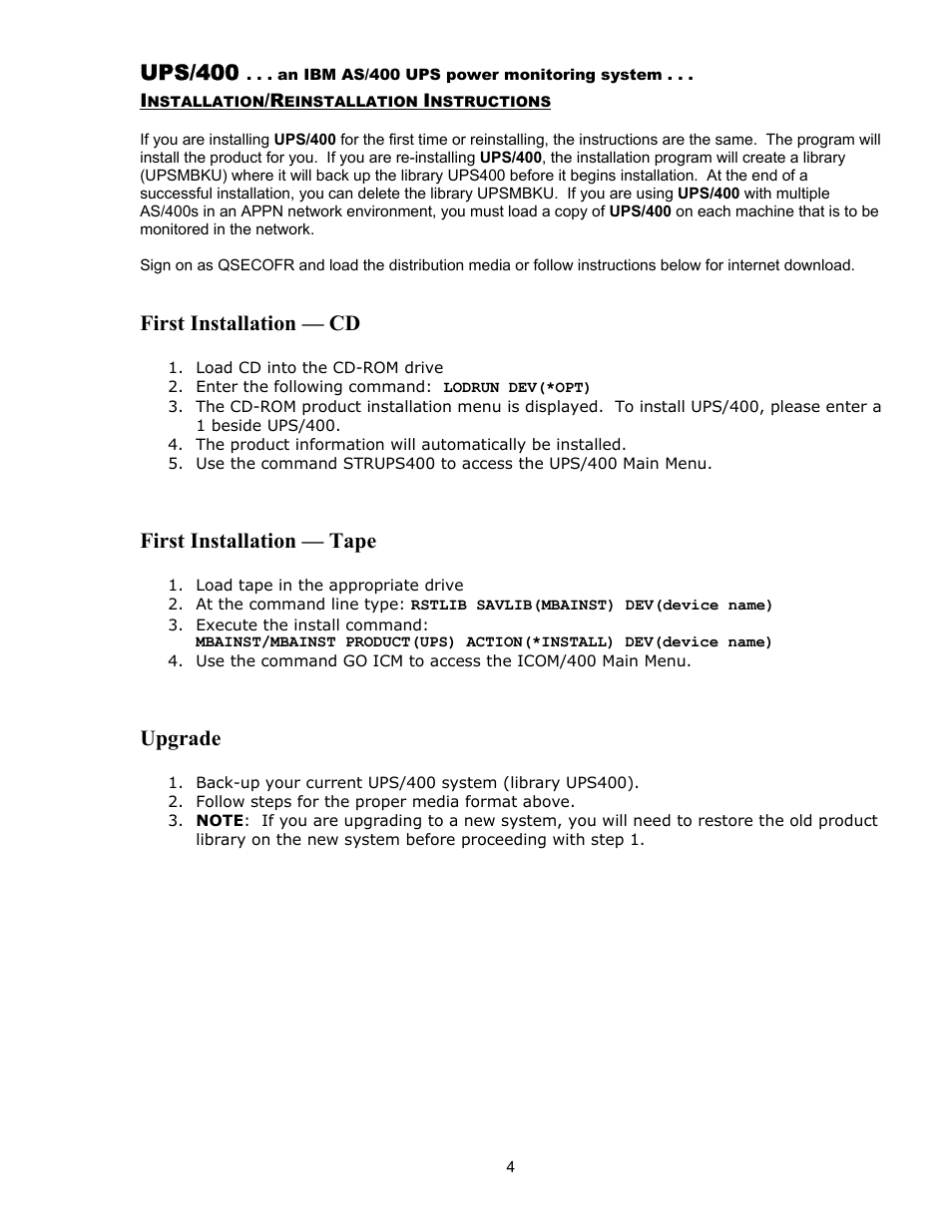 Ups/400, First installation — cd, First installation — tape | Upgrade | Nikon UPS User Manual | Page 4 / 29
