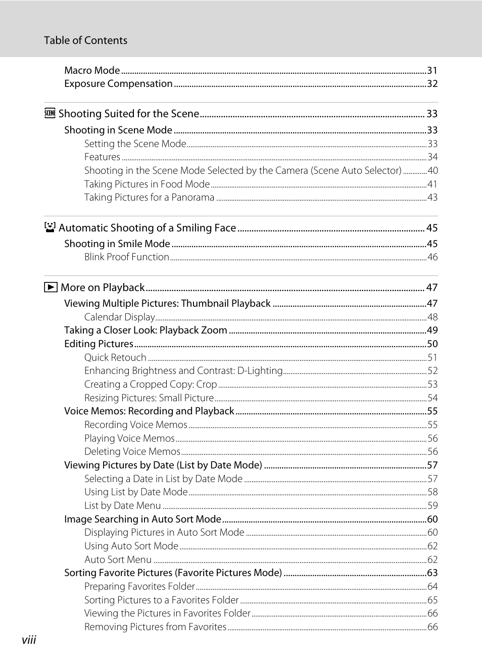 Viii | Nikon COOLPIX S203 User Manual | Page 10 / 164