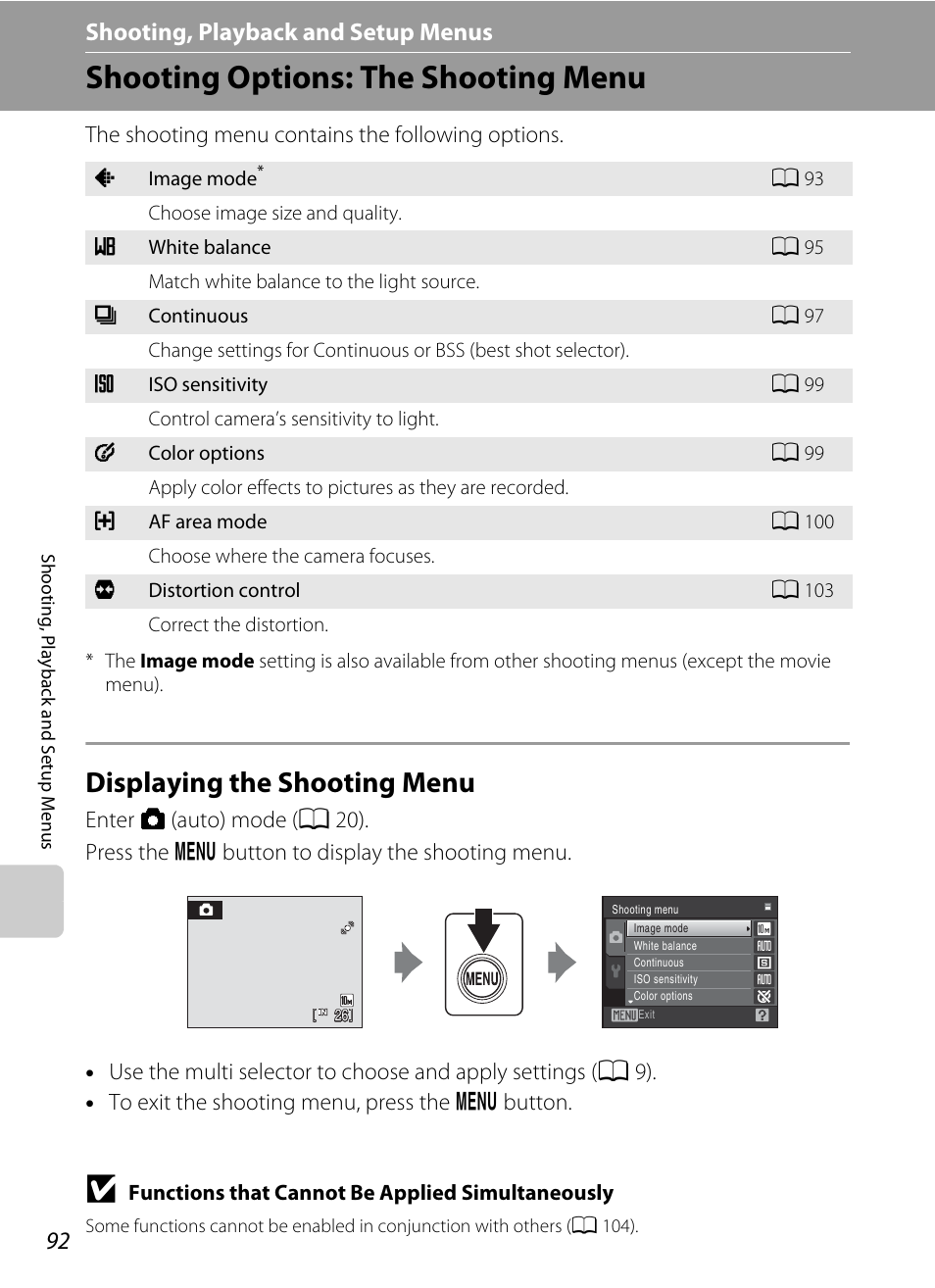 Shooting, playback and setup menus, Shooting options: the shooting menu, Displaying the shooting menu | D shooting, playback and setup menus, A 92) | Nikon COOLPIX S203 User Manual | Page 104 / 164