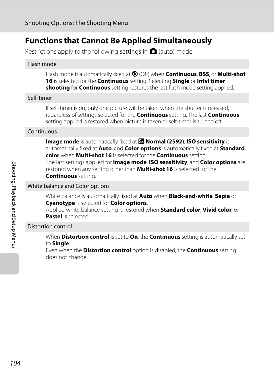 Functions that cannot be applied simultaneously, A 104) | Nikon COOLPIX S203 User Manual | Page 116 / 164