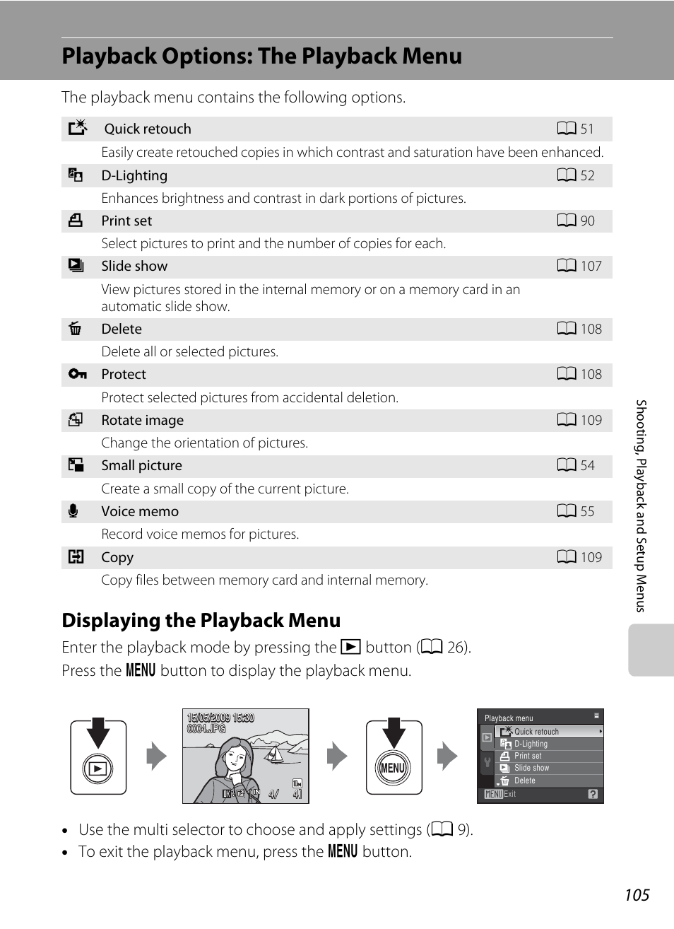 Playback options: the playback menu, Displaying the playback menu, A 105) | Nikon COOLPIX S203 User Manual | Page 117 / 164