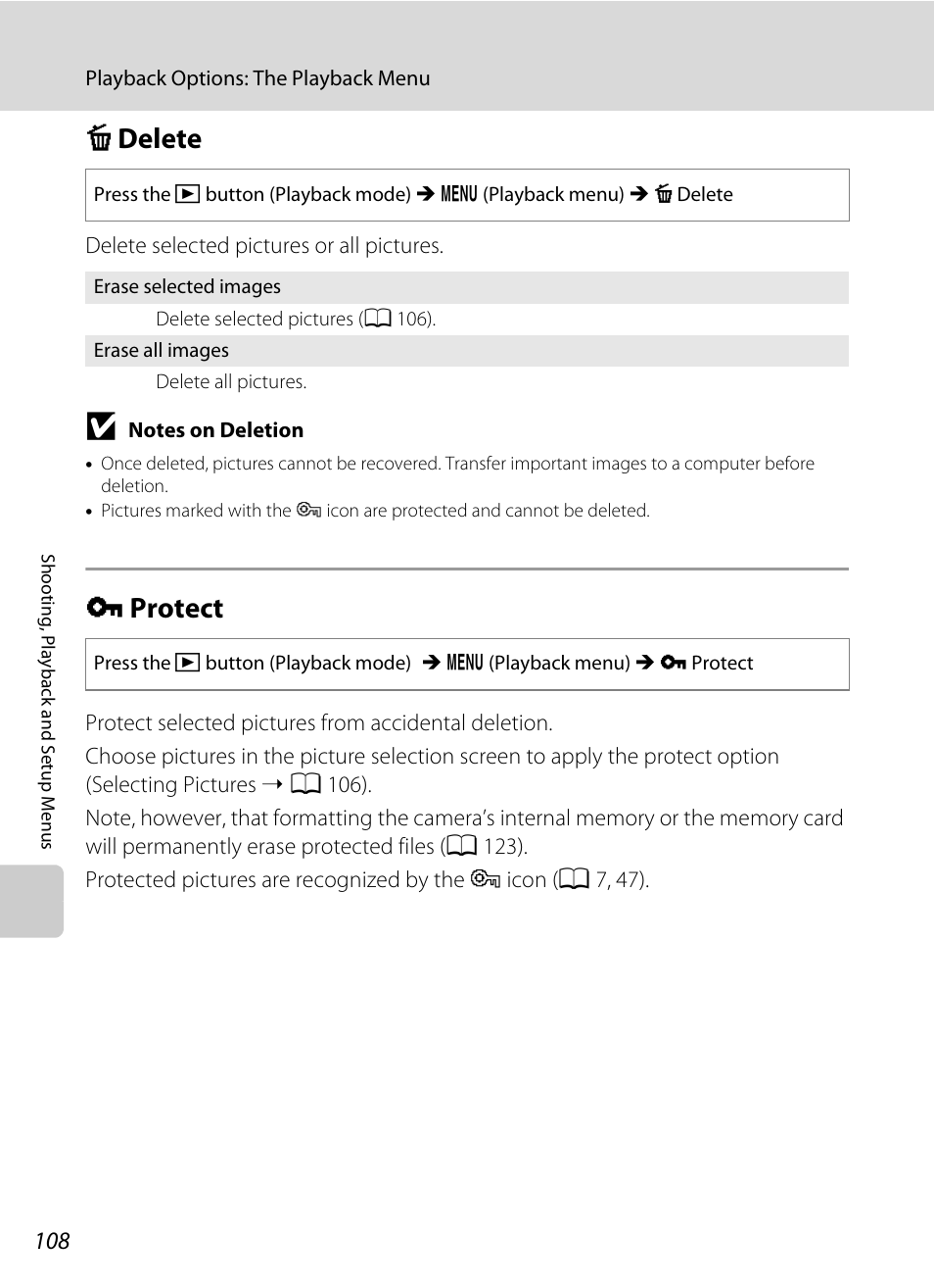 Delete, Protect, C delete d protect | A 108), A 108) s, A 108, 108) du, C delete, D protect | Nikon COOLPIX S203 User Manual | Page 120 / 164