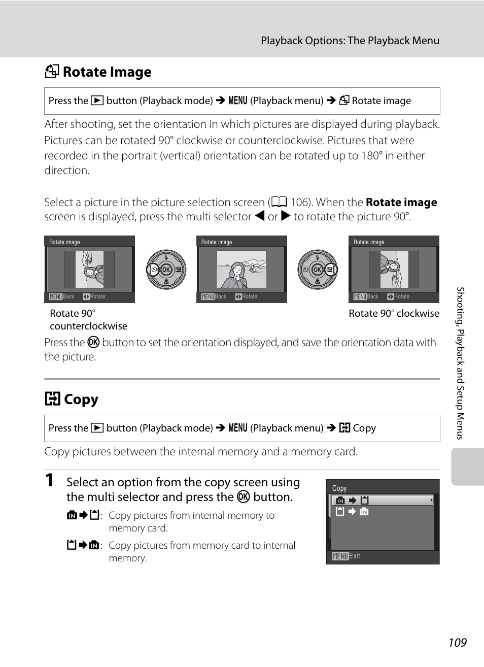 Rotate image, Copy, F rotate image h copy | A 109) to rotate the, A 109, A 109) cannot be, A 109), F rotate image, H copy | Nikon COOLPIX S203 User Manual | Page 121 / 164