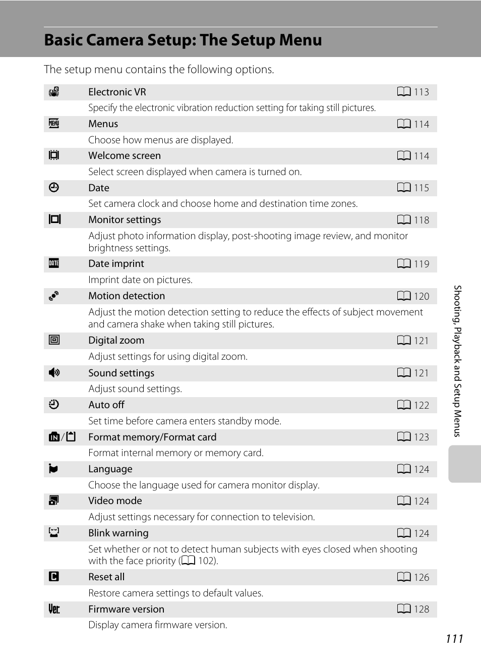 Basic camera setup: the setup menu, Nu (a 111) to | Nikon COOLPIX S203 User Manual | Page 123 / 164