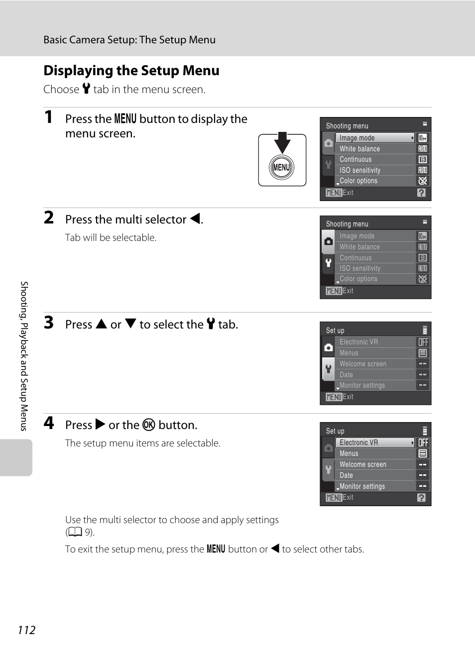 Displaying the setup menu, Press the d button to display the menu screen, Press the multi selector j | Press h or i to select the z tab, Press k or the k button | Nikon COOLPIX S203 User Manual | Page 124 / 164