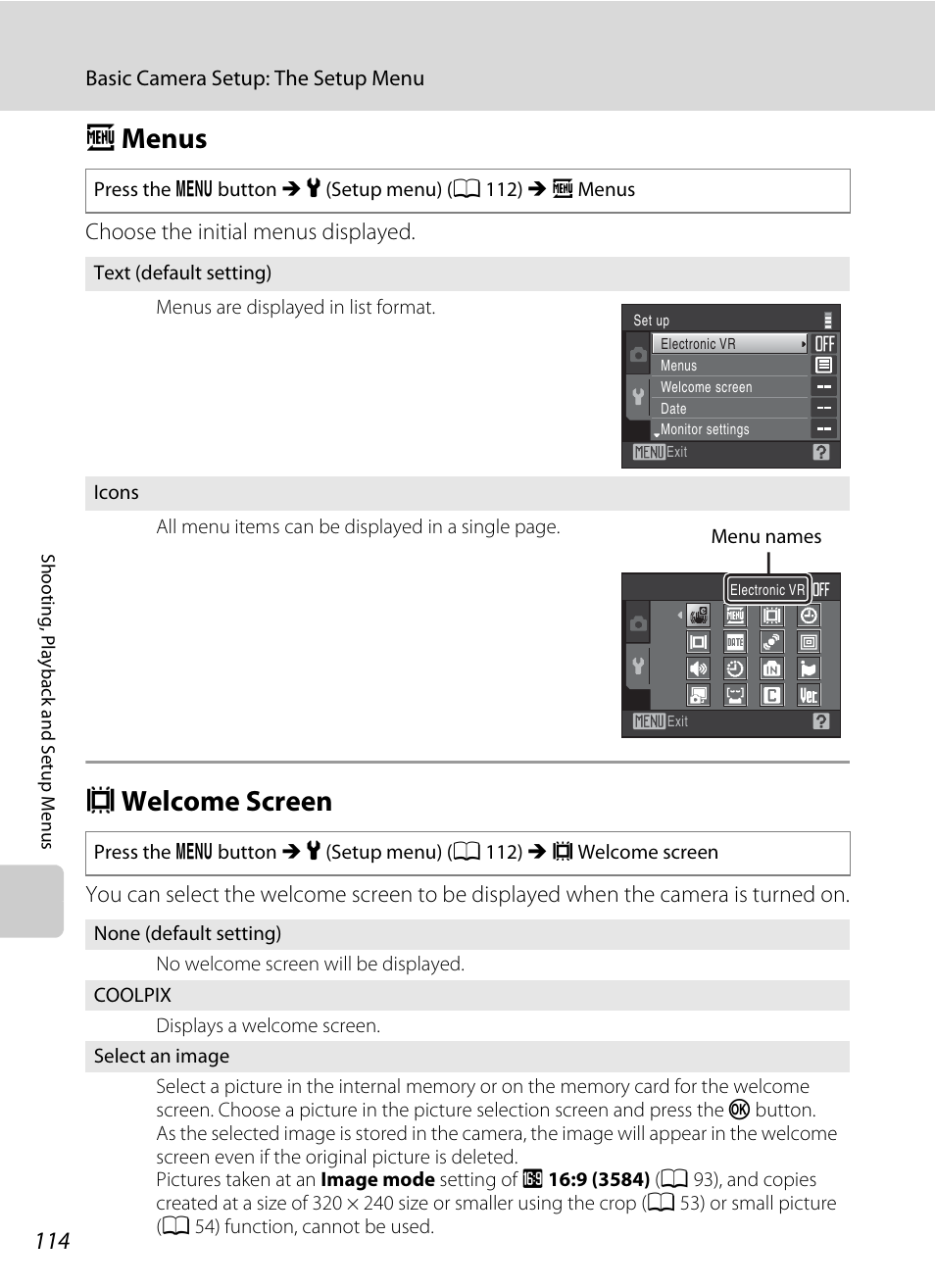 Menus, Welcome screen, A menus c welcome screen | A 114), A 114, A menus, C welcome screen | Nikon COOLPIX S203 User Manual | Page 126 / 164