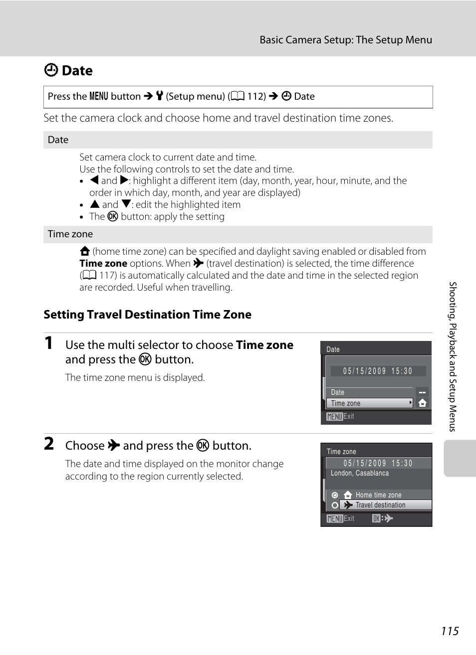 Date, D date, A 115) | A 115, Setting travel destination time zone, Choose x and press the k button | Nikon COOLPIX S203 User Manual | Page 127 / 164