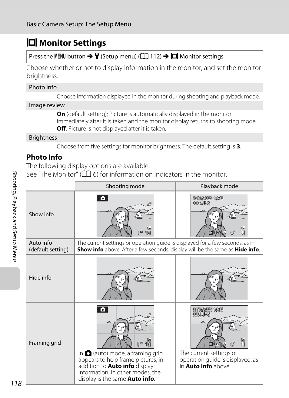 Monitor settings, E monitor settings, A 118) | Ings, A 118, Photo info | Nikon COOLPIX S203 User Manual | Page 130 / 164