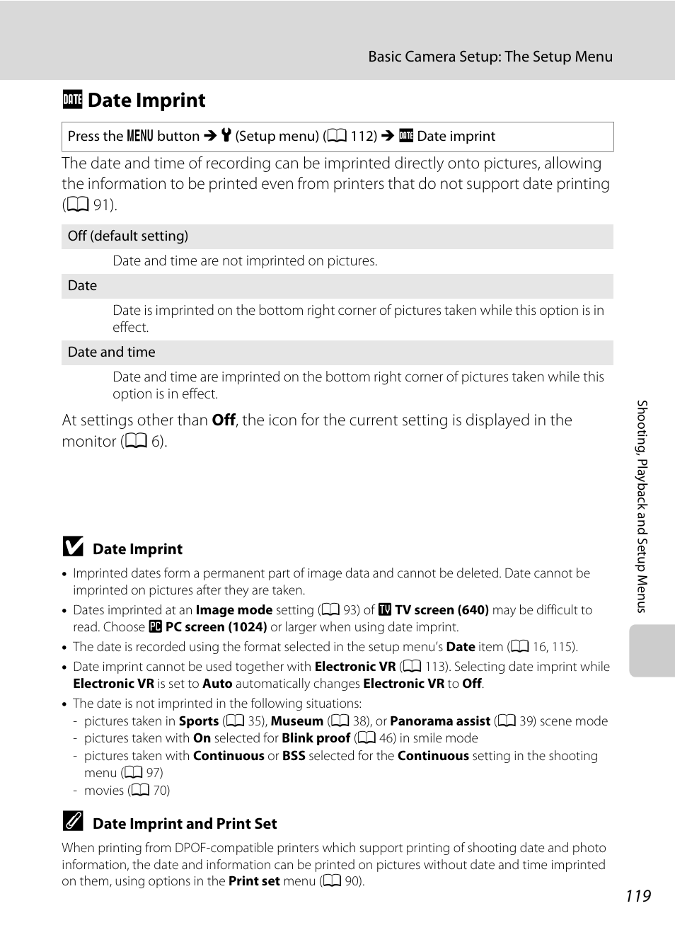Date imprint, F date imprint, A 119) | A 119 | Nikon COOLPIX S203 User Manual | Page 131 / 164