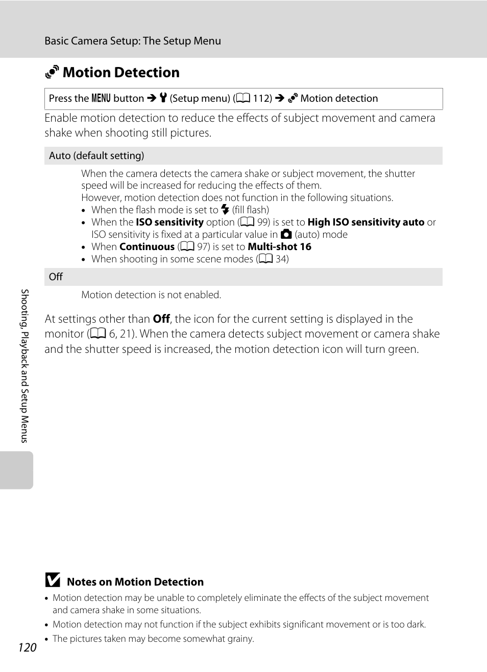 Motion detection, U motion detection, A 120 | A 120) is not, A 120) does not function when any | Nikon COOLPIX S203 User Manual | Page 132 / 164